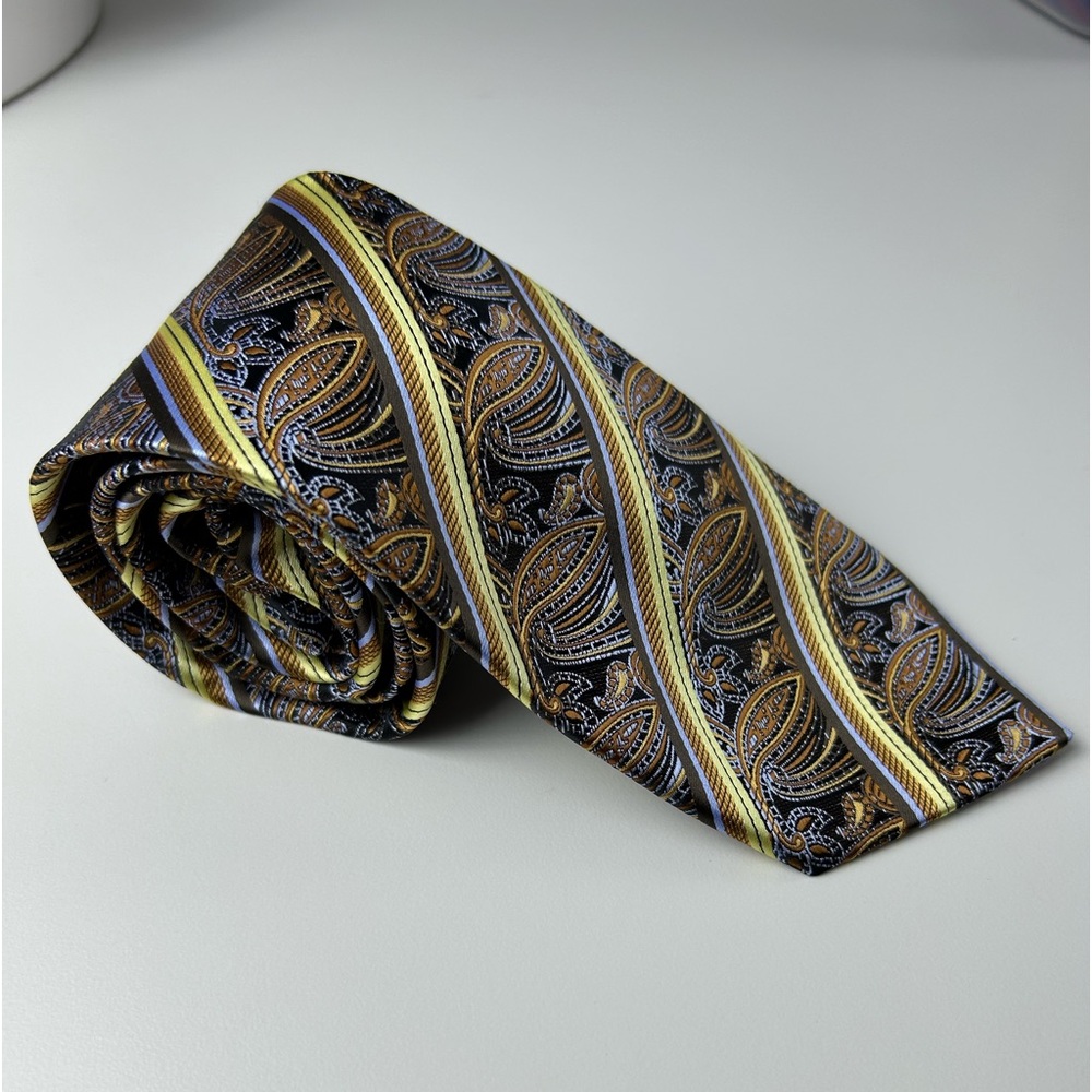 Bill Robinson Mens Paisley Stripe Tie Brown Gold Blue Formal Necktie - Picture 4 of 11